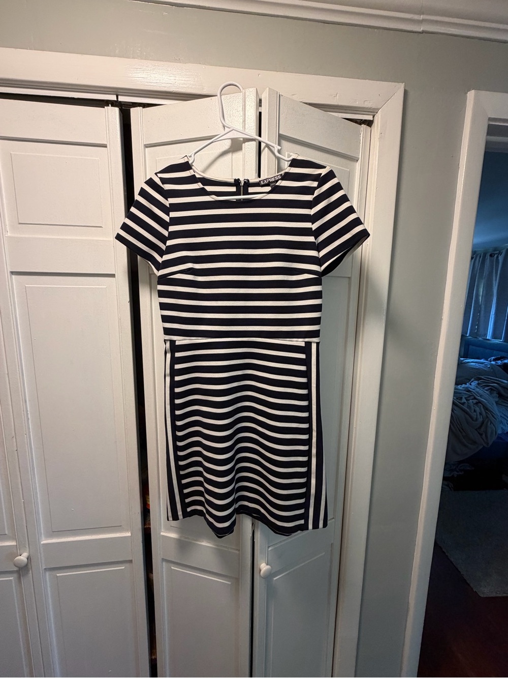 Express Navy and White Striped Short Sleeve Dress